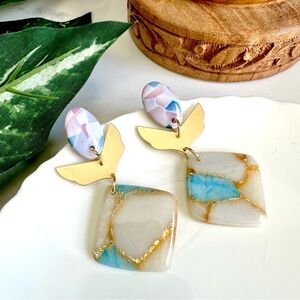 2/$30🌵 Blue & Gold Tone Marbled Geo Leaf Acrylic Earrings Dangle Boho Gift NEW